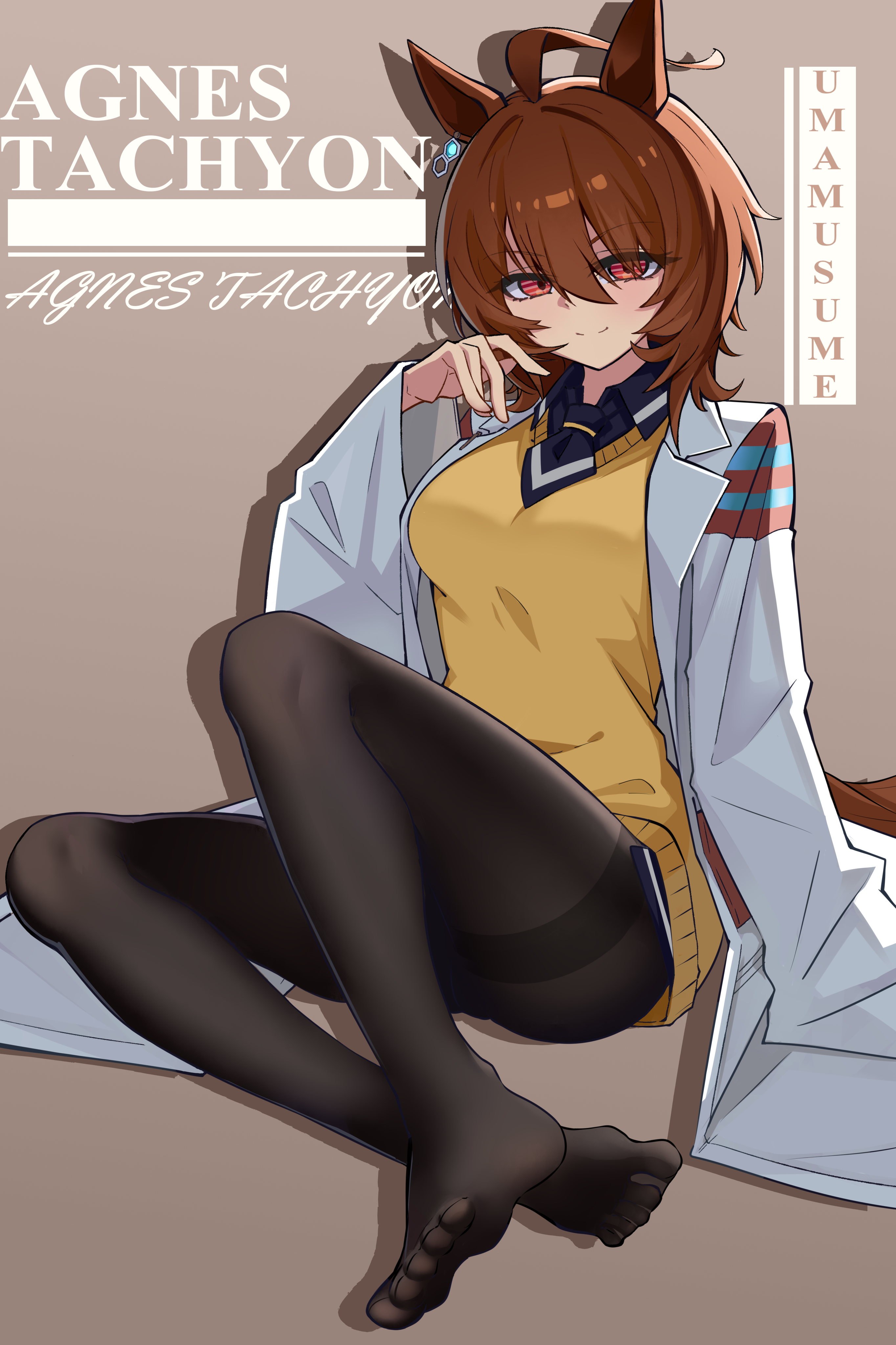 heizi, agnes tachyon (tach-nology) (umamusume), agnes tachyon (umamusume), umamusume, absurdres, highres, 1girl, ahoge, animal ears, black pantyhose, blush, brown hair, closed mouth, coat, earrings, hair between eyes, horse ears, horse girl, horse tail, huge ahoge, jewelry, lab coat, long hair, long sleeves, looking at viewer, necktie, pantyhose, red eyes, shirt, short necktie, single earring, sleeves past fingers, sleeves past wrists, smile, solo, sweater, sweater vest, tail, white coat, wolf cut, yellow sweater, yellow sweater vest
