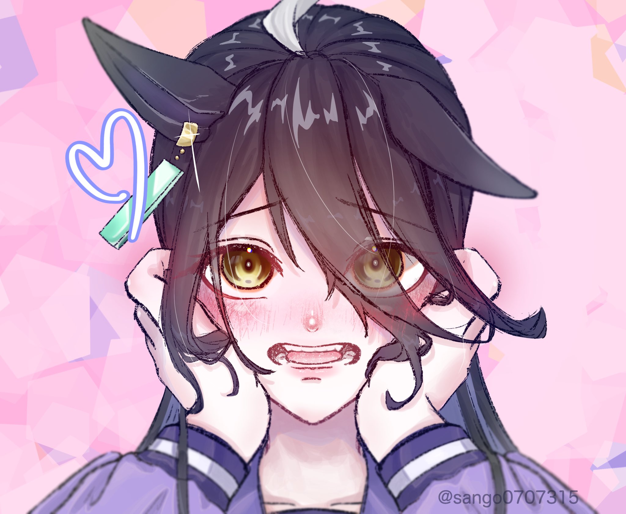sango0707315, manhattan cafe (umamusume), umamusume, highres, 1girl, ahoge, animal ears, black hair, ear ornament, ear tag, earrings, embarrassed, hair between eyes, hands on own face, heart, horse ears, horse girl, jewelry, long hair, long hair between eyes, multicolored hair, open mouth, purple shirt, school uniform, shirt, single ear down, single earring, solo, tracen school uniform, twitter username, white hair
