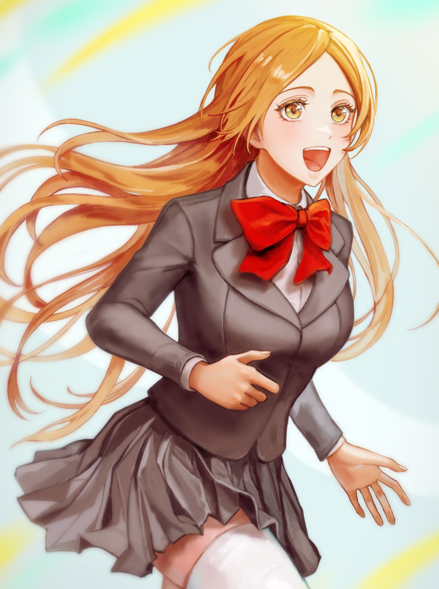 22nae2, inoue orihime, bleach, commentary request, highres, korean commentary, 1girl, :d, black jacket, black skirt, blurry, blurry background, bow, bowtie, breasts, collared shirt, cowboy shot, jacket, karakura high school uniform, light blush, long hair, medium breasts, open mouth, orange eyes, orange hair, parted bangs, pleated skirt, red bow, red bowtie, school uniform, shirt, skirt, smile, solo, teeth, thighhighs, upper teeth only, white shirt, white thighhighs, zettai ryouiki