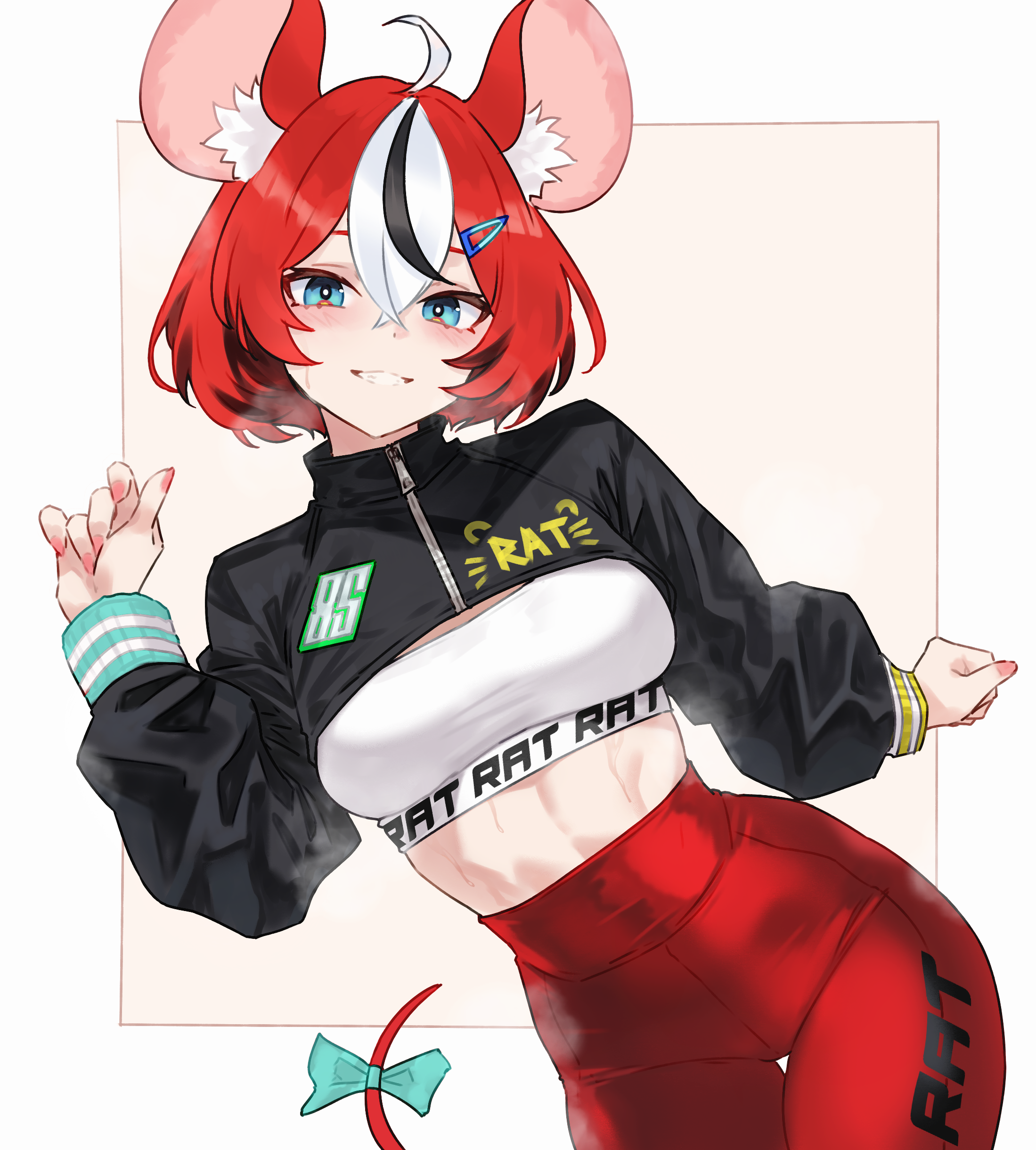 bluefield, hakos baelz, hololive, hololive english, absurdres, commentary, highres, 1girl, alternate costume, animal ears, aqua bow, black hair, black jacket, blue eyes, border, bow, breasts, hair ornament, hairclip, high-waist pants, jacket, long sleeves, looking at viewer, medium breasts, midriff, mouse ears, mouse girl, mouse tail, multicolored hair, pants, red hair, short hair, smile, solo, tail, tail bow, tail ornament, thigh strap, virtual youtuber, white border, white hair