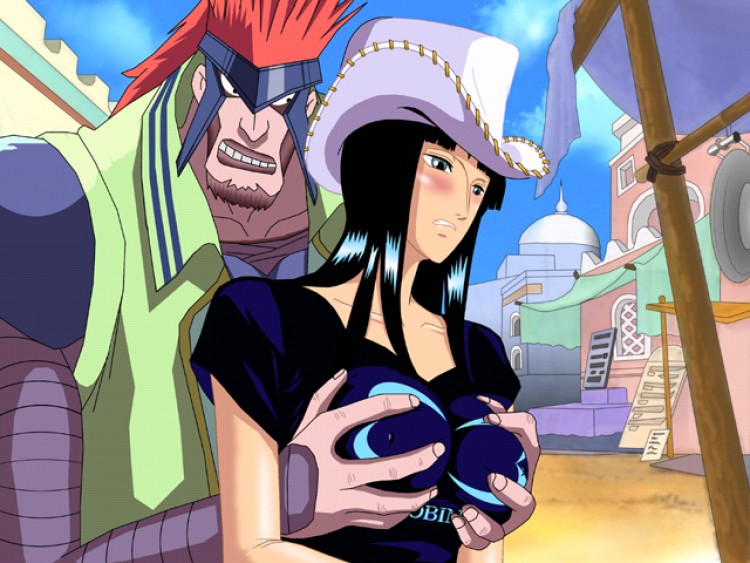 bismarck (one piece), nico robin, saga (one piece), one piece, one piece: the cursed holy sword, artist request, 1boy, 1girl, ass, black hair, blush, breasts, cowboy hat, facial hair, grabbing another's breast, groping, hat, hetero, large breasts, long hair, shirt