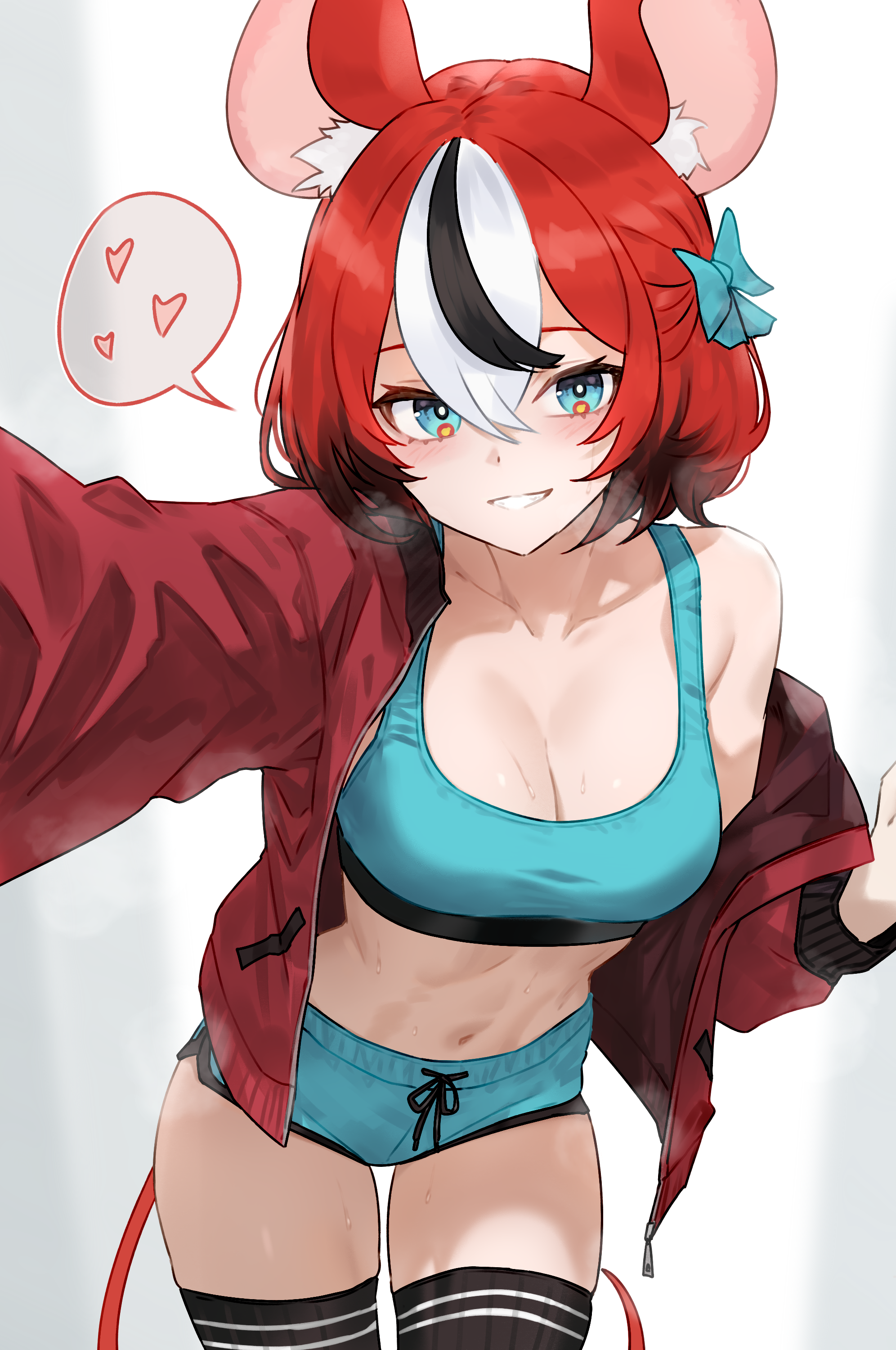 bluefield, hakos baelz, hololive, hololive english, absurdres, commentary, english commentary, highres, 1girl, alternate costume, animal ear fluff, animal ears, aqua bow, aqua shorts, aqua sports bra, black hair, black thighhighs, blue eyes, blush, bow, breasts, breath, cleavage, collarbone, gradient hair, hair bow, heart, jacket, large breasts, long sleeves, looking at viewer, mouse ears, mouse girl, mouse tail, multicolored hair, navel, open clothes, open jacket, outstretched arm, parted lips, red hair, red jacket, short hair, shorts, simple background, single bare shoulder, single off shoulder, smile, solo, speech bubble, spoken heart, sports bra, stomach, streaked hair, tail, thighhighs, thighs, virtual youtuber, white background, white hair