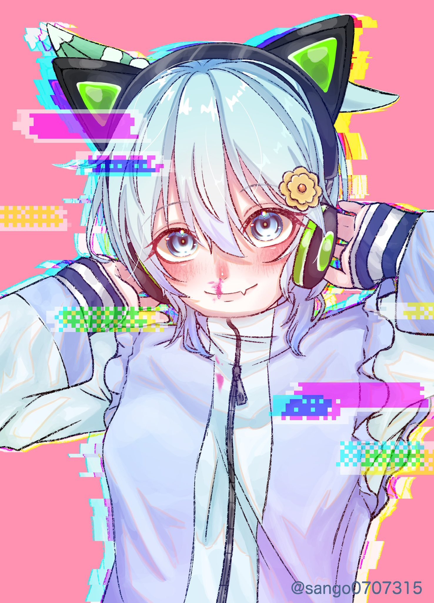 sango0707315, seiun sky (umamusume), umamusume, highres, 1girl, animal ear headphones, animal ears, blood, blue eyes, blue hair, blue jacket, breasts, closed mouth, ear covers, fake animal ears, fang, floating hair, glitch, grey hair, hair between eyes, hands up, headphones, horse ears, horse girl, jacket, long sleeves, looking at viewer, multicolored hair, nosebleed, pink background, pink blood, short hair, simple background, single ear cover, single ear down, skin fang, sleeves past wrists, small breasts, smile, solo, track jacket