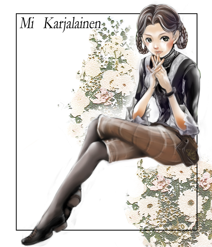mi karjalainen, granado espada, blush, bracelet, braid, brown hair, crossed legs, grey eyes, hair rings, jewelry, necklace, own hands clasped, own hands together, pants, shoes, short hair, sitting, solo, thighhighs, turtleneck, twin braids