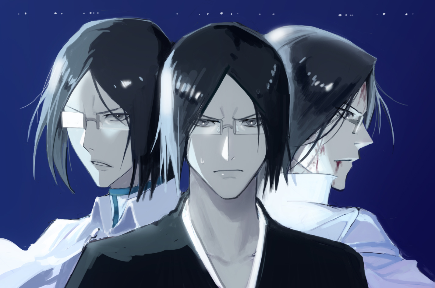22nae2, ishida uryuu, bleach, 1boy, black hair, black kimono, blood, blood from mouth, blood on face, blue background, closed mouth, collared shirt, furrowed brow, glasses, grey eyes, jacket, japanese clothes, kimono, light frown, male focus, multiple views, parted bangs, parted lips, shirt, short hair, solo, sweatdrop, white jacket, white shirt