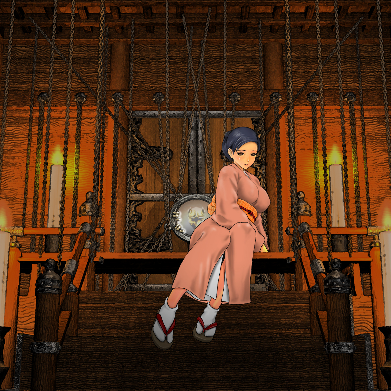 dondo, traditional clothes, highres, breasts, demon, huge breasts, japanese clothes, large breasts, solo
