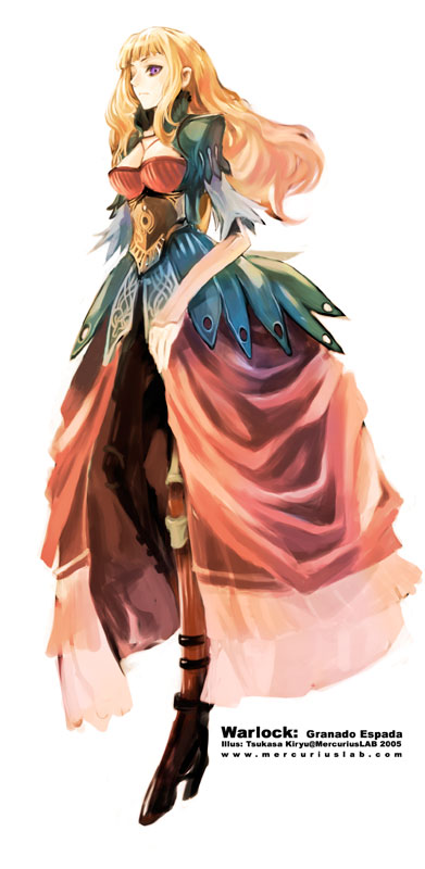 warlock (granado espada), granado espada, 1girl, blonde hair, boots, breasts, cleavage, dress, elementalist, female focus, gown, high heels, long hair, medium breasts, purple eyes, shoes, solo