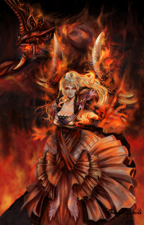 shino (pixiv153833), warlock (granado espada), granado espada, blonde hair, dress, elementalist, fire, gloves, grin, long hair, mole, red eyes, smile