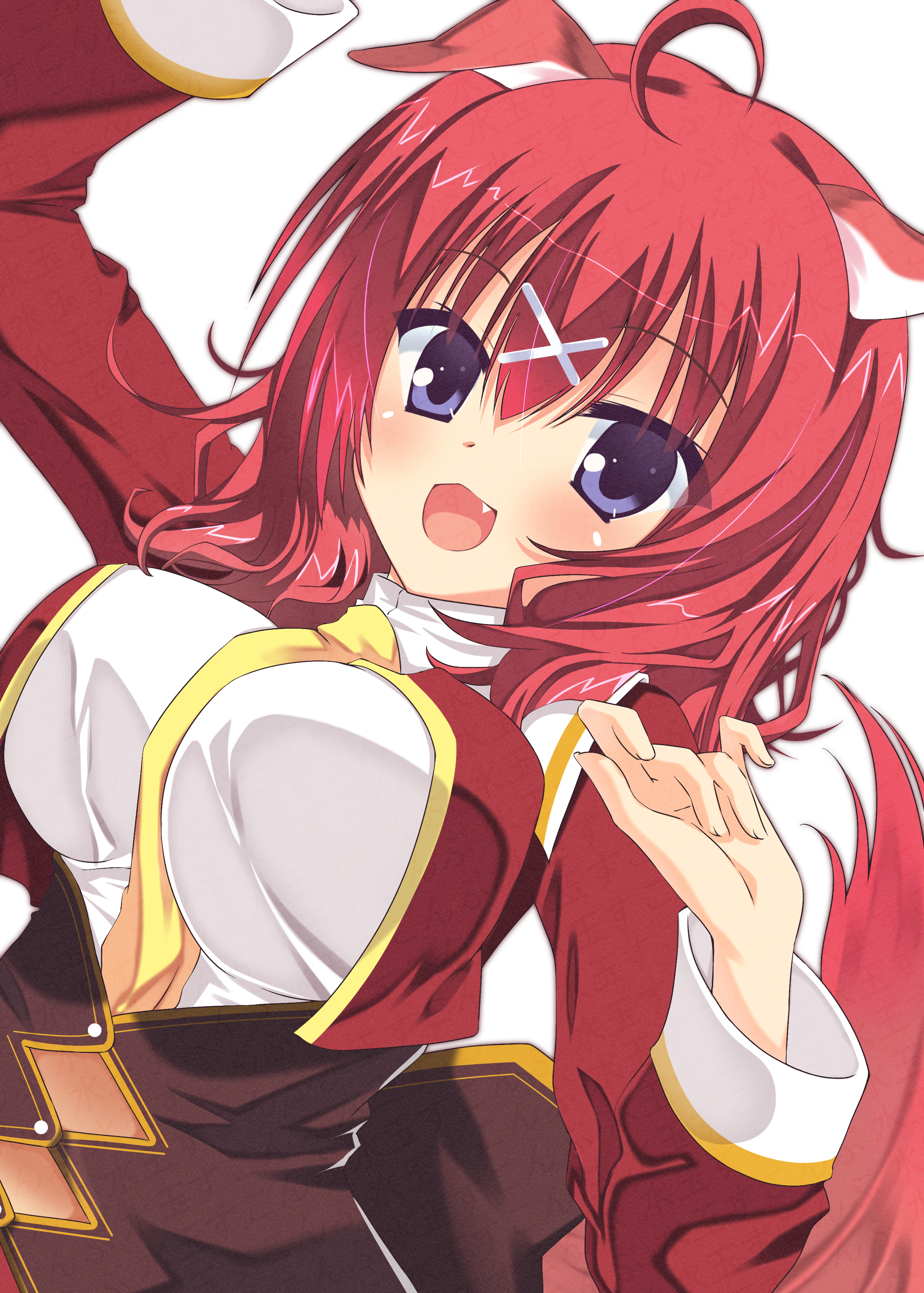 sukonbu385, masaki gaillard, amairo islenauts, absurdres, commentary, highres, 1girl, :d, ahoge, animal ears, between breasts, blue eyes, blush, breasts, brown corset, corset, cropped jacket, dutch angle, eyes visible through hair, fang, fen cichlid girls academy school uniform, hair between eyes, hair ornament, hands up, happy, jacket, large breasts, long sleeves, looking at viewer, medium hair, necktie, necktie between breasts, open mouth, outline, red hair, red jacket, school uniform, shirt, simple background, smile, solo, tail, tail raised, upper body, watermark, white background, white outline, white shirt, wolf ears, wolf girl, wolf tail, x hair ornament, yellow necktie