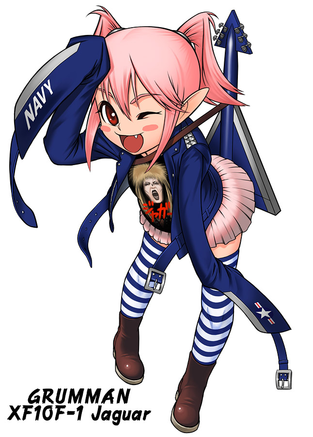 janome gochou, grumman xf10f jaguar, jaguar (tarento), original, jet, 1girl, aircraft, airplane, boots, buckle, cameo, fang, female focus, guitar, instrument, mecha musume, military, name connection, one eye closed, personification, pointy ears, skirt, solo, straitjacket, striped clothes, striped thighhighs, thighhighs, twintails, wink, zettai ryouiki