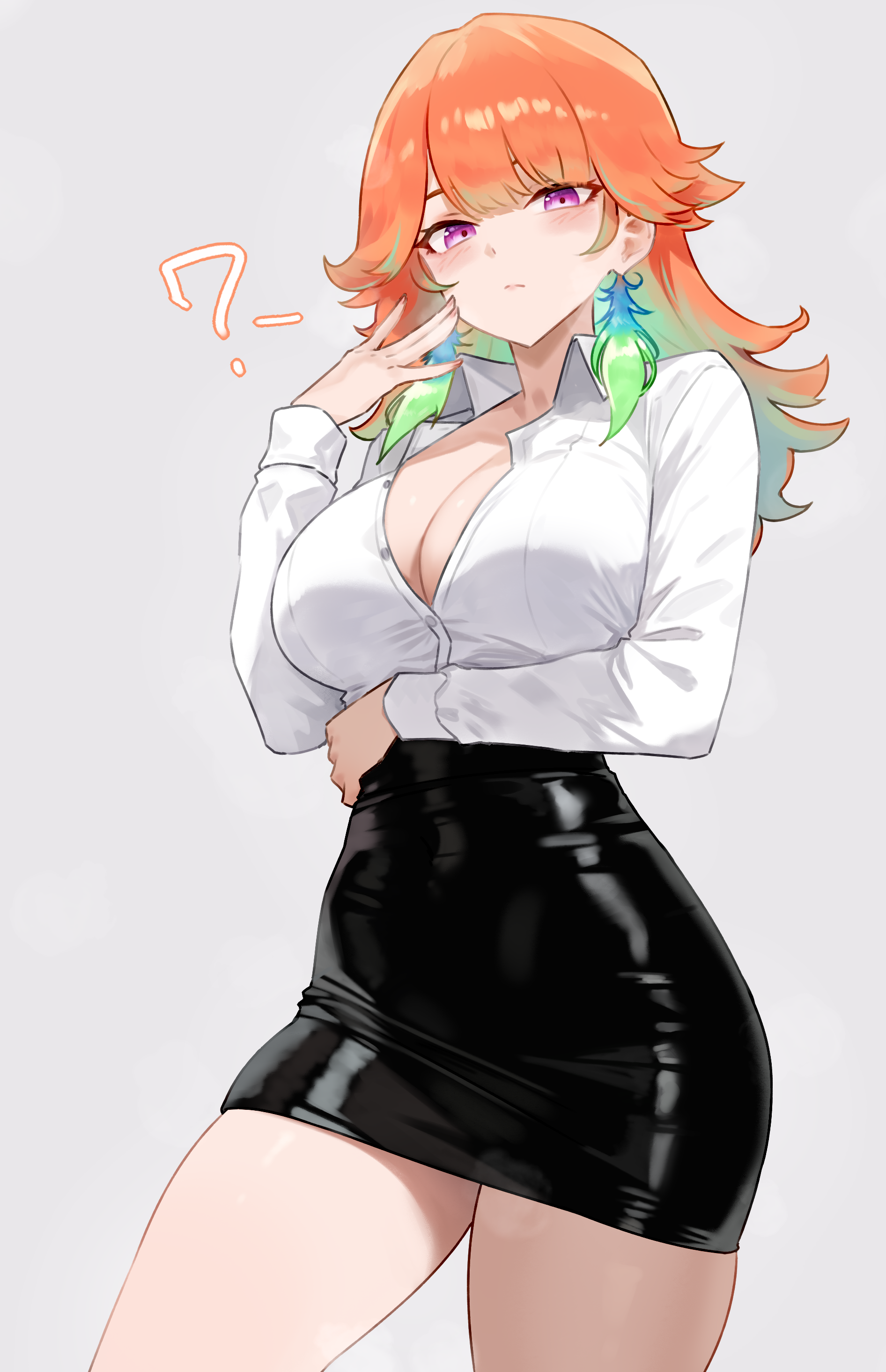 bluefield, takanashi kiara, hololive, hololive english, absurdres, commentary, highres, 1girl, ?, alternate costume, arms at sides, black skirt, breasts, feathers, gradient hair, green hair, high-waist skirt, large breasts, long hair, looking at viewer, miniskirt, multicolored hair, nail polish, office lady, orange hair, pencil skirt, purple eyes, skirt, solo, thighhighs, unbuttoned, virtual youtuber