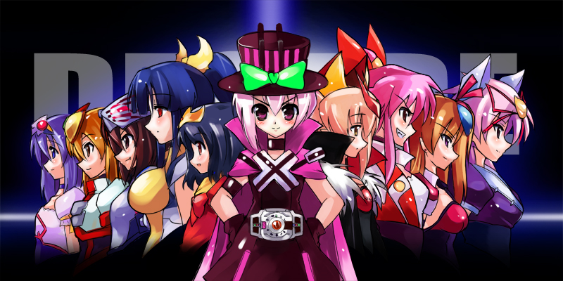 kazuu, kazuu (artist), kamen rider agito, kamen rider blade, kamen rider decade, kamen rider den-o, kamen rider faiz, kamen rider hibiki, kamen rider kabuto, kamen rider kiva, kamen rider kuuga, kamen rider ryuki, kamen rider, kamen rider 555, kamen rider agito (series), kamen rider blade (series), kamen rider dcd, kamen rider den-o (series), kamen rider hibiki (series), kamen rider kabuto (series), kamen rider kiva (series), kamen rider kuuga (series), kamen rider ryuki (series), gender request, 6+girls, belt, genderswap, hat, multiple girls, top hat