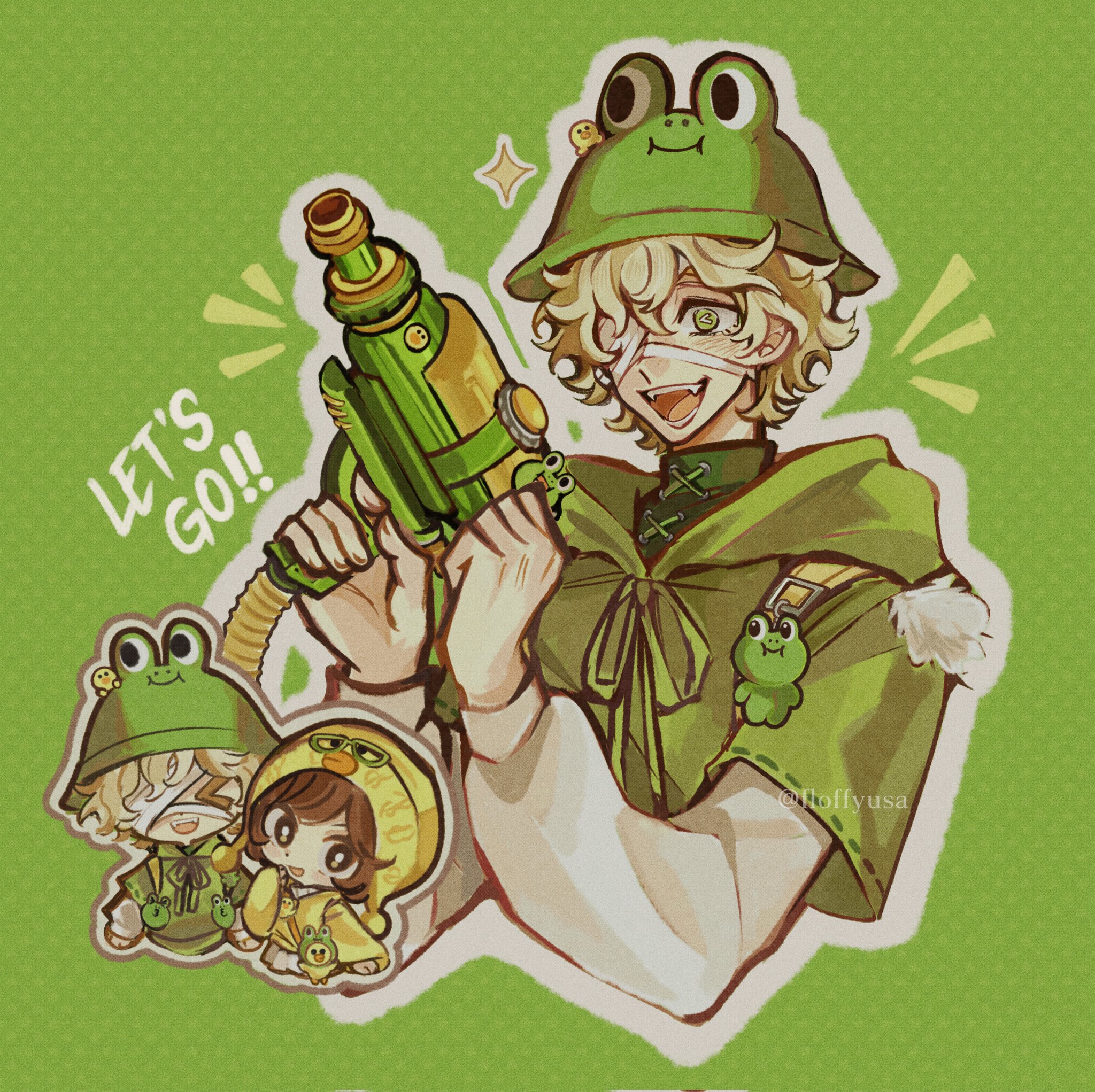 floffyusa, florian brand, florian brand (leonard), tracy reznik, identity v, highres, > <, 1boy, 1girl, :d, bandage over one eye, blonde hair, brown hair, bucket hat, chibi, curly hair, english text, eyewear on headwear, fangs, frog charm, frog hat, green eyes, green hoodie, hat, high collar, holding, holding water gun, hood, hoodie, layered sleeves, long sleeves, open mouth, short hair, short over long sleeves, short sleeves, smile, symbol-shaped pupils, tied hoodie strings, tracy reznik (sally), water gun, wavy hair