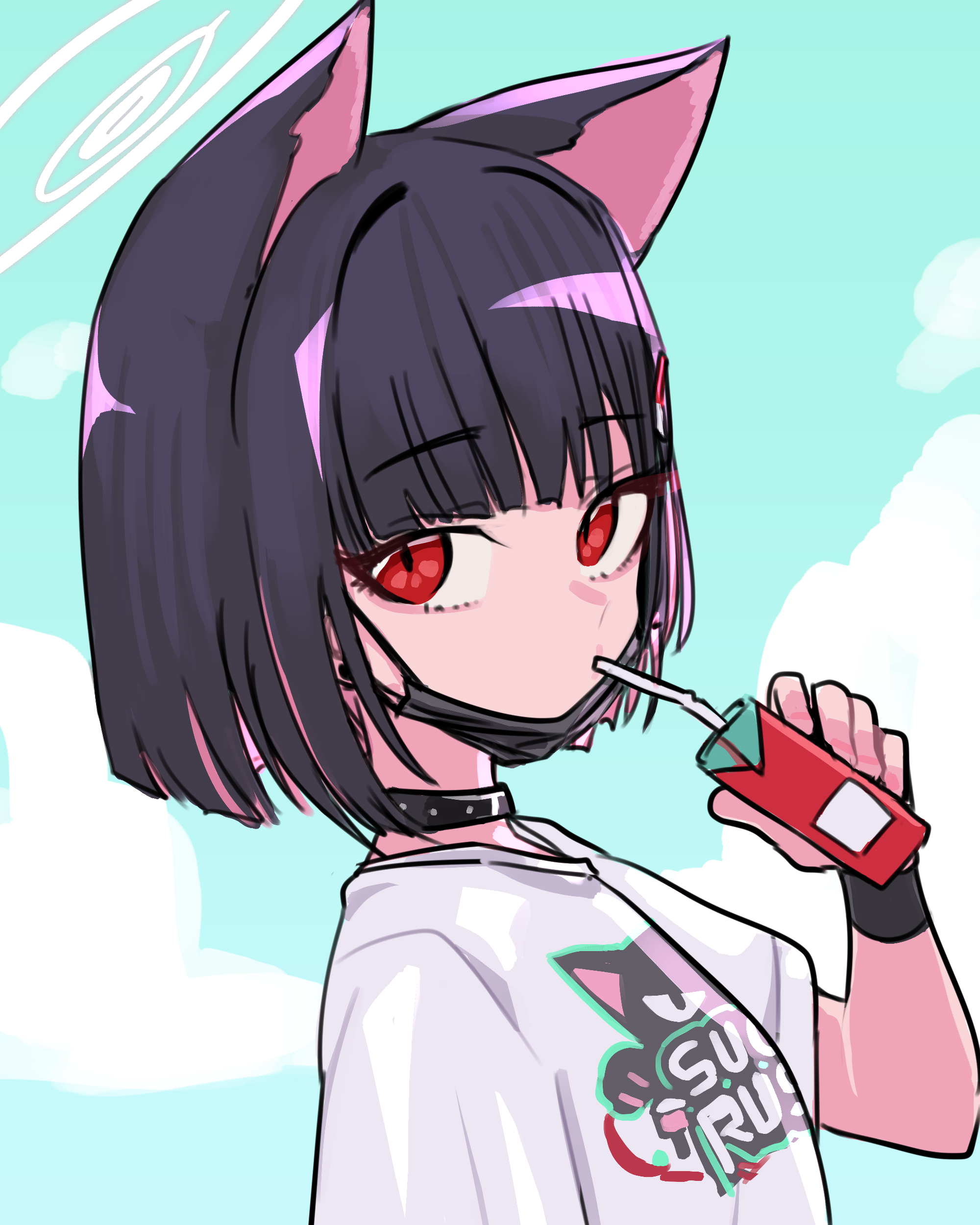 neophyte, kazusa (band) (blue archive), kazusa (blue archive), blue archive, absurdres, commentary, highres, 1girl, animal ears, black choker, black mask, blunt bangs, cat ears, choker, colored inner hair, drink, extra ears, halo, holding, holding drink, juice box, looking at viewer, mask pull, multicolored hair, official alternate costume, pink hair, print shirt, red eyes, shirt, short hair, solo