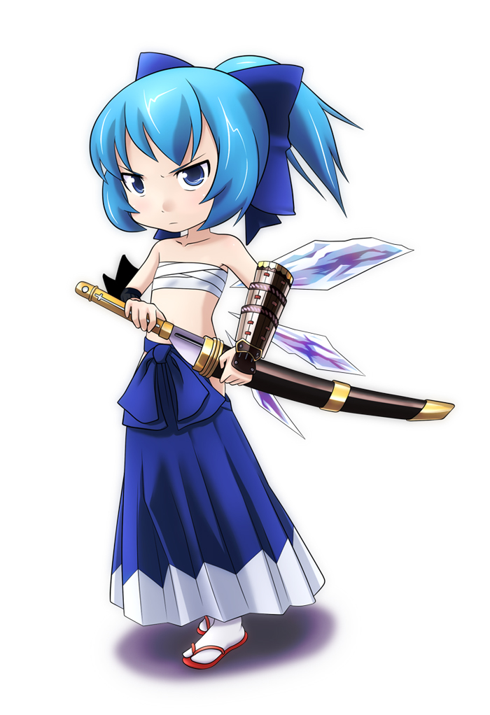 kusaba, kusaba (kusabashiki), bushidou (sekaiju), cirno, atlus, etrian odyssey, touhou, 1girl, blue eyes, blue hair, blue hakama, bow, bushidou (sekaiju) (cosplay), chest sarashi, cosplay, female focus, hakama, hakama skirt, japanese clothes, matching hair/eyes, samurai, sandals, sarashi, sheath, skirt, solo, sword, unsheathing, weapon, wings, zouri