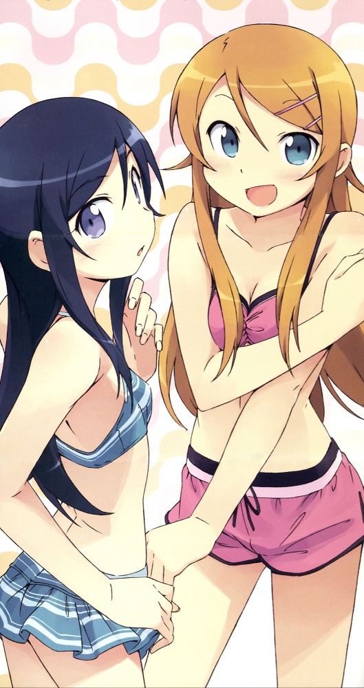 kanzaki hiro, aragaki ayase, kousaka kirino, ore no imouto ga konna ni kawaii wake ga nai, 2girls, bikini, bikini top only, blue eyes, blue hair, blush, breasts, cleavage, hair ornament, hairclip, long hair, medium breasts, midriff, multiple girls, open mouth, orange hair, small breasts, smile, swimsuit