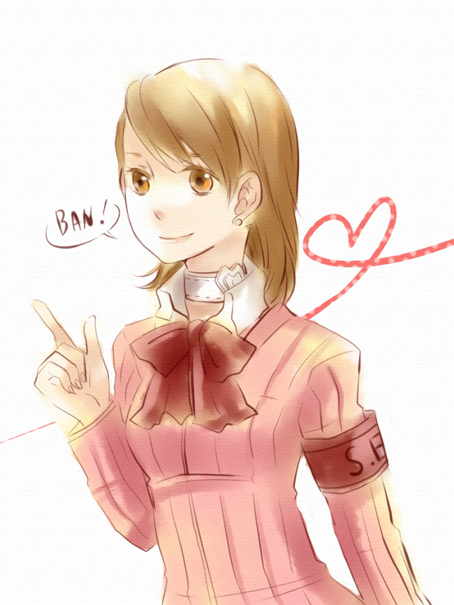 shichiko (labi), takeba yukari, atlus, persona, persona 3, bad id, bad pixiv id, armband, brown eyes, brown hair, cardigan, choker, heart, ribbon, short hair, smile, solo
