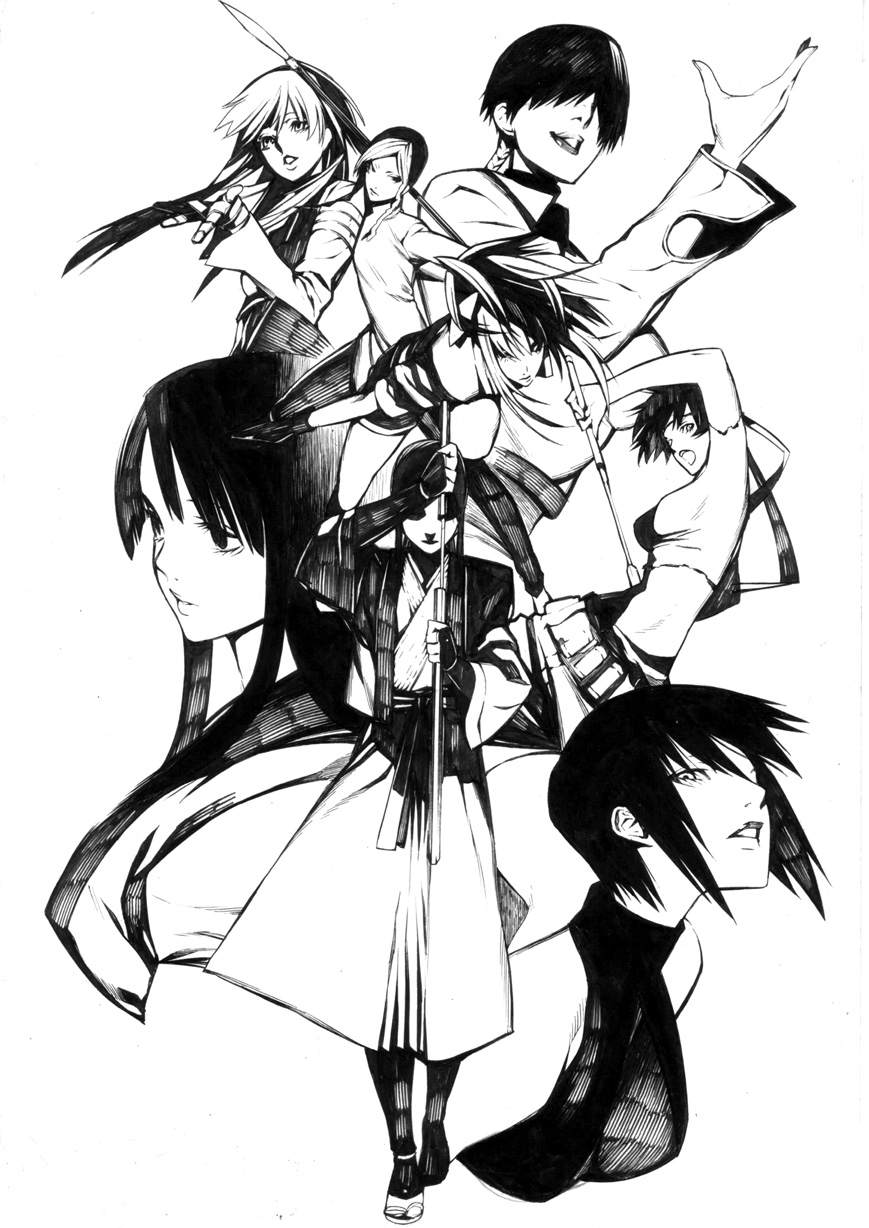 onigunsou, kula diamond, leona heidern, nakoruru, rosa, shermie (kof), shiki (samurai spirits), shion (kof), takane hibiki, bakumatsu rouman, fu'un, fuu'un, kizuna encounter, samurai spirits, snk, the king of fighters, highres, 1boy, 6+girls, crossdressing, crossover, greyscale, monochrome, multiple crossover, multiple girls, trap
