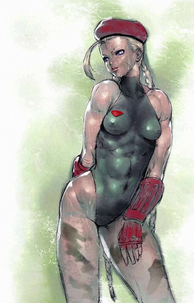 chyko, cammy white, capcom, street fighter, highres, 1girl, beret, blonde hair, breasts, covered erect nipples, female focus, hat, leotard, medium breasts, solo