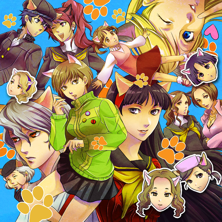 yoshii kyoko, amagi yukiko, doujima nanako, ebihara ai, izanami (persona), kashiwagi noriko, konishi saki, kujikawa rise, kuma (persona 4), kuroda hisano, margaret (persona), margaret (persona 4), matsunaga ayane, satonaka chie, shirogane naoto, uehara sayoko, atlus, megami tensei, persona, persona 4, shin megami tensei, 1boy, 6+girls, androgynous, animal ears, animal hands, cat ears, hat, jacket, multiple girls, one eye closed, reverse trap, school uniform, serafuku, track jacket, trap, wink