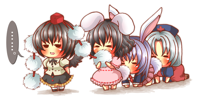 basara (pixiv30642), uvnono, inaba tewi, reisen udongein inaba, shameimaru aya, yagokoro eirin, touhou, silver hair, bad id, bad pixiv id, …, 4girls, animal ears, black hair, black wings, blush, chibi, female focus, hat, long hair, multiple girls, purple hair, rabbit ears, short hair, speech bubble, spoken ellipsis, wings