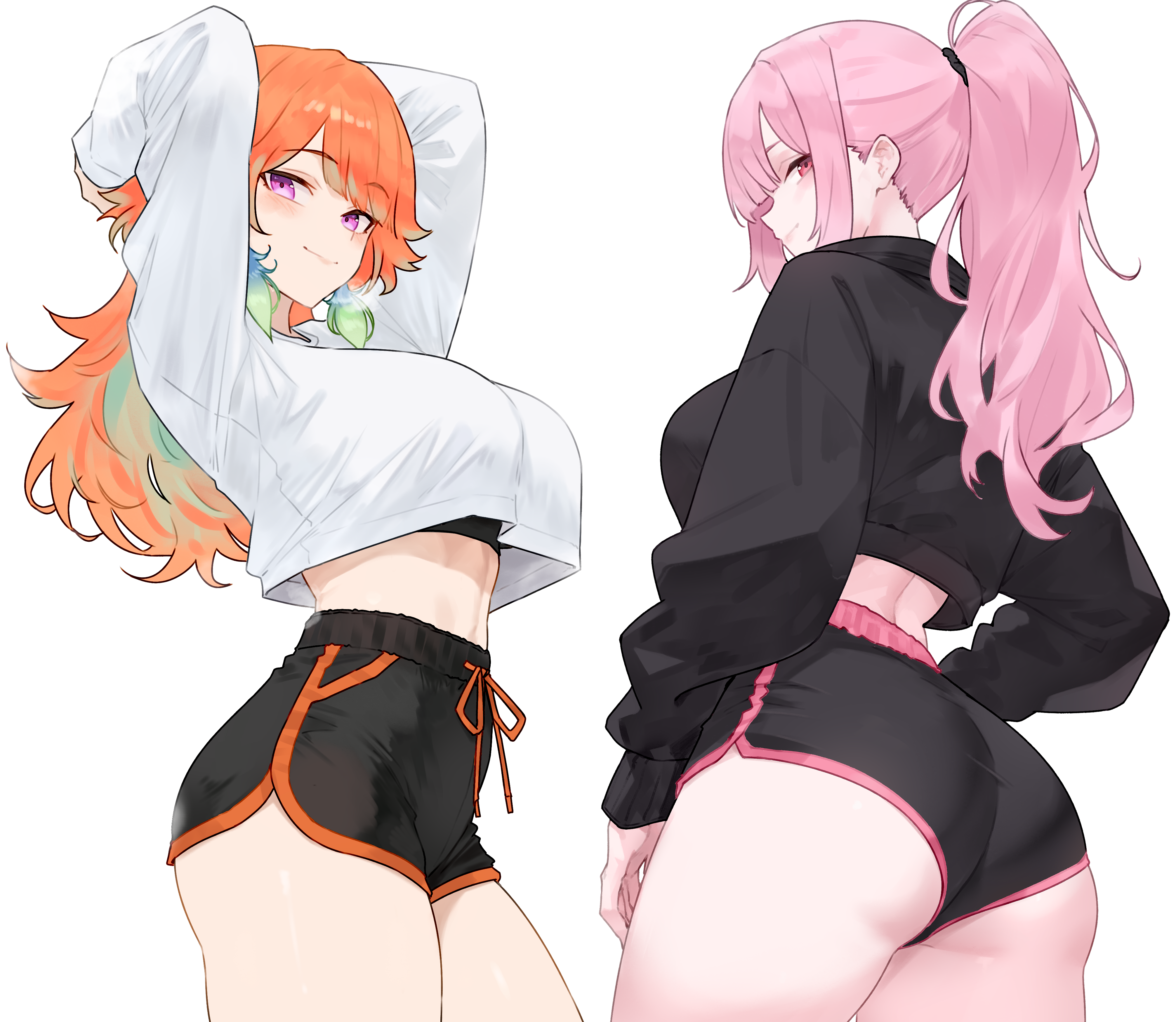 bluefield, mori calliope, takanashi kiara, hololive, hololive english, absurdres, highres, 2girls, alternate costume, alternate hairstyle, arms behind head, ass, ass focus, black jacket, black shorts, blush, breasts, closed mouth, dolphin shorts, earrings, feather earrings, feathers, gradient hair, green hair, high-waist pants, jacket, jewelry, large breasts, long hair, long sleeves, looking at viewer, median furrow, midriff, multicolored hair, multiple girls, orange hair, pants, pink background, pink eyes, pink hair, pink theme, pink trim, ponytail, purple eyes, shirt, shirt overhang, shorts, simple background, smile, sweat, thighs, virtual youtuber, white background, white shirt