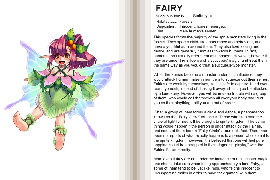 kenkou cross, fairy (monster girl encyclopedia), monster girl encyclopedia, hard-translated, official art, third-party edit, translated, 1girl, barefoot, blush, character profile, english text, fairy, feet, monster girl, orange eyes, pink hair, pointy ears, rape, see-through clothes, smile, wings