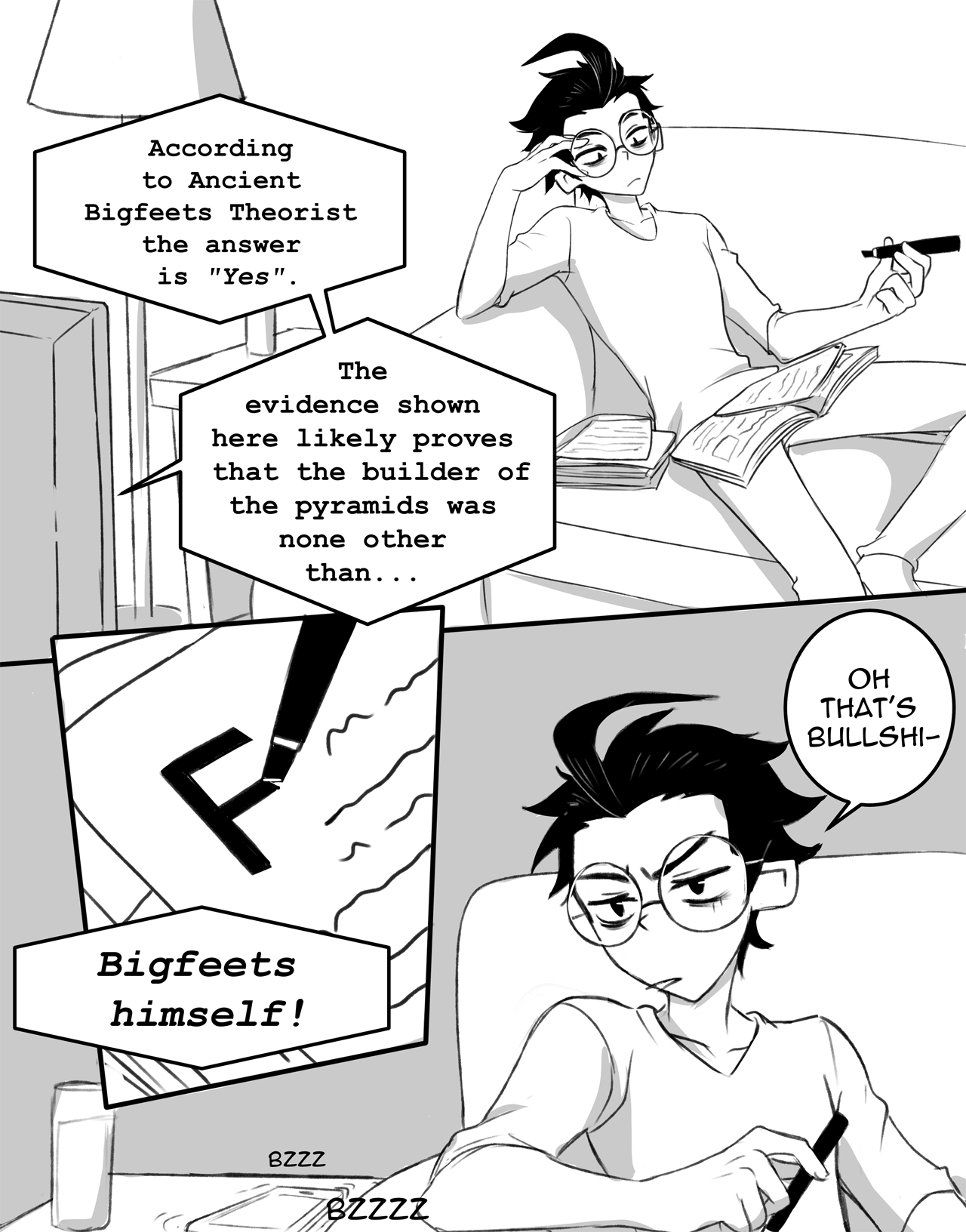 inimoose, dib (invader zim), invader zim, commentary, english commentary, highres, 1boy, aged up, ahoge, book, couch, english text, glasses, greyscale, holding, holding marker, male focus, marker, monochrome, on couch, pants, paper, round eyewear, shirt, short hair, sitting, speech bubble, teacher