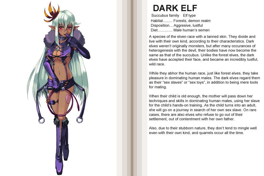 kenkou cross, dark elf (monster girl encyclopedia), monster girl encyclopedia, fur, silver hair, hard-translated, official art, third-party edit, translated, 1girl, blush, boots, character profile, dark-skinned female, dark elf, dark skin, elf, english text, heart, midriff, monster girl, pointy ears, red eyes, tattoo, typo, whip