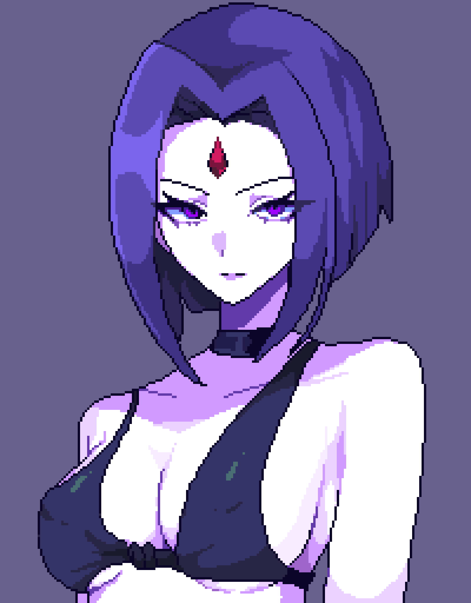 pixelcadete, raven (dc), dc comics, teen titans, commentary, hashtag-only commentary, highres, 1girl, bikini, black bikini, black choker, breasts, choker, closed mouth, collarbone, colored skin, covered erect nipples, forehead jewel, gem, grey background, large breasts, looking at viewer, pixel art, purple hair, purple lips, red gemstone, simple background, solo, swimsuit, upper body, white skin
