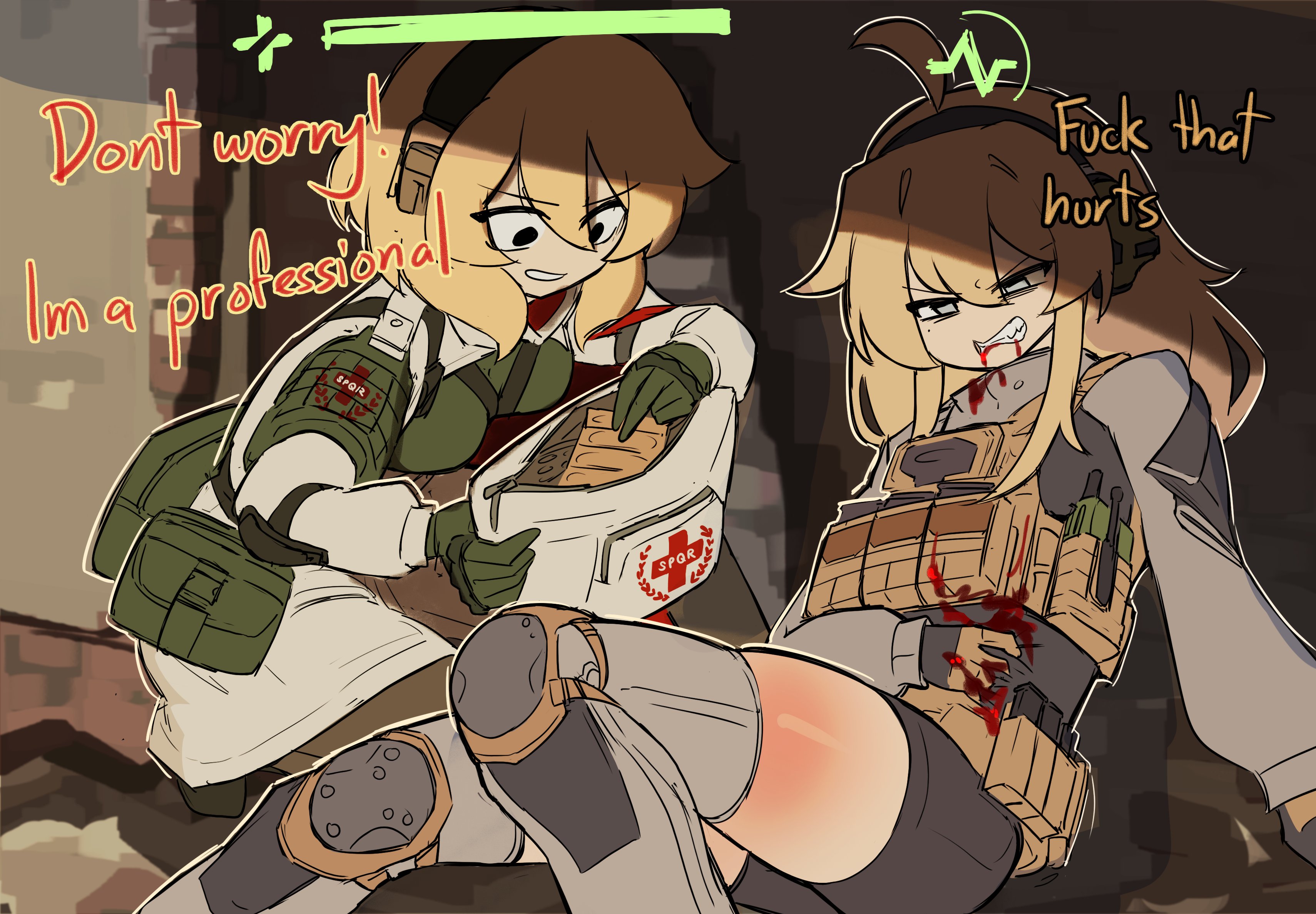 centurii-chan, centurii-chan (character), whiskey project, indie virtual youtuber, original, absurdres, commentary, english commentary, highres, 2girls, ahoge, bag, bandaid, black shorts, blonde hair, blood, blood from mouth, blood on clothes, blue eyes, borrowed character, breasts, bulletproof vest, clenched teeth, combat medic, combat shirt, english text, gaiters, gloves, green gloves, hair between eyes, headset, health bar, holding, holding bag, knee pads, large breasts, load bearing vest, long hair, multiple girls, open mouth, red eyes, short hair, shorts, spqr (emblem), tactical clothes, teeth, thighhigh gaiters, thighhighs, virtual youtuber, walkie-talkie