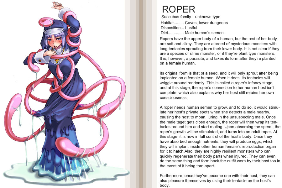 kenkou cross, roper, roper (monster girl encyclopedia), monster girl encyclopedia, hard-translated, official art, third-party edit, translated, 1girl, character profile, cross, cross necklace, english text, jewelry, living clothes, monster girl, necklace, nun, robe, slime (substance), tentacle girl, tentacles