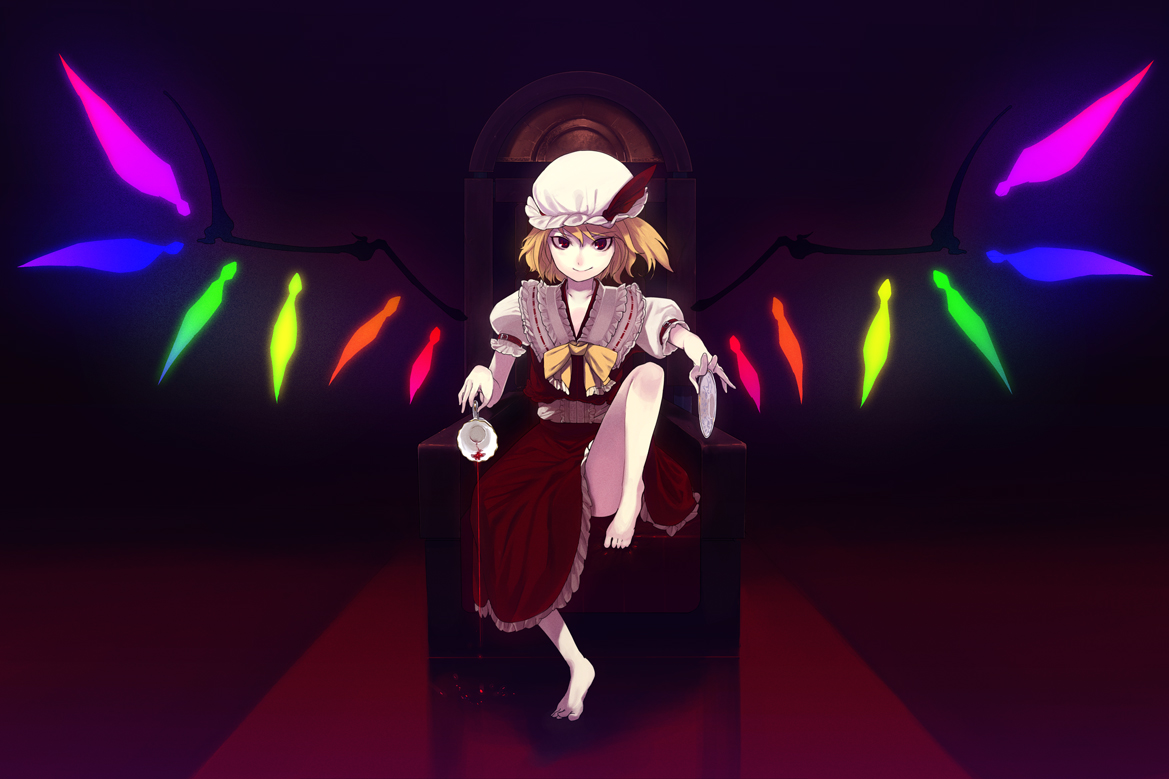 sasamori tomoe, flandre scarlet, touhou, bad id, bad pixiv id, 1girl, armchair, barefoot, blonde hair, chair, cup, feet, feet on chair, female focus, hat, looking at viewer, red eyes, short hair, side ponytail, sitting, smile, solo, teacup, wings