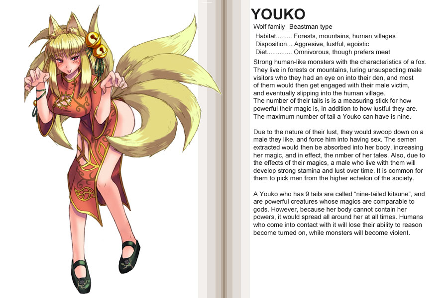 kenkou cross, youko, youko (monster girl encyclopedia), monster girl encyclopedia, hard-translated, official art, third-party edit, translated, 1girl, animal ears, bell, blonde hair, blush, breasts, character profile, china dress, chinese clothes, dress, english text, female focus, fox ears, fox girl, fox tail, kitsune, kyuubi, large breasts, monster girl, multiple tails, naughty face, pink eyes, side slit, solo, tail, tongue