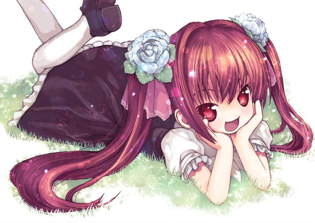 kiira, kooh (pangya), pangya, 1girl, female focus, flower, hair flower, hair ornament, lying, on stomach, pantyhose, red hair, solo, twintails