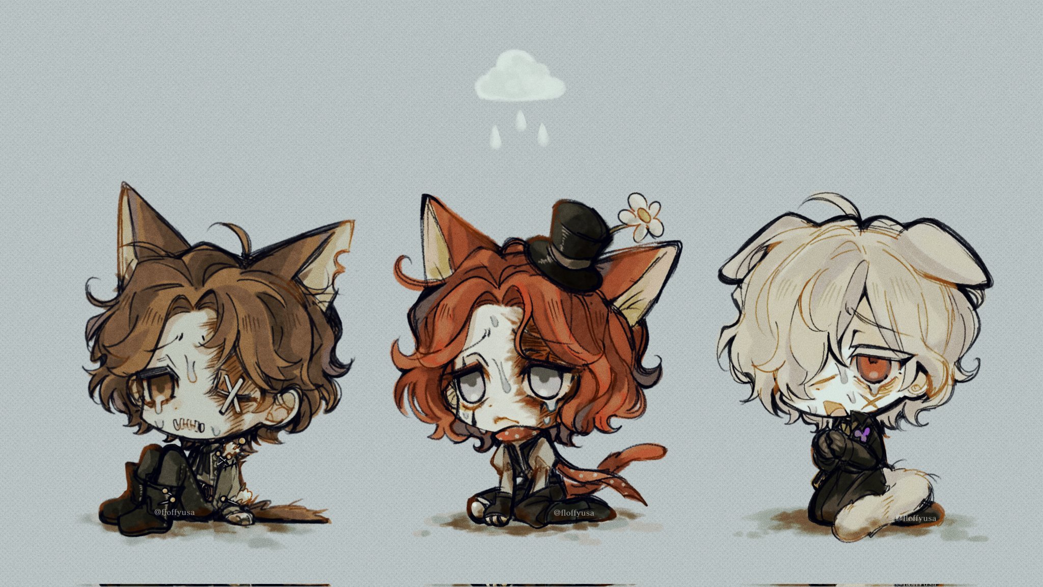 floffyusa, andrew kreiss, matthias czernin, weeping clown (identity v), identity v, highres, 2boys, animal ears, blonde hair, brown eyes, brown hair, cat ears, cat tail, chibi, colored eyelashes, cross scar, cross stitch, crying, dog ears, droopy ears, flower, grey eyes, hair over one eye, hat, hat flower, kneeling, male focus, mini hat, mini top hat, multiple boys, notched ear, red eyes, red hair, scar, scar across eye, scar on face, sitting, stitched eye, stitched mouth, stitches, tail, top hat, wavy hair, white eyelashes