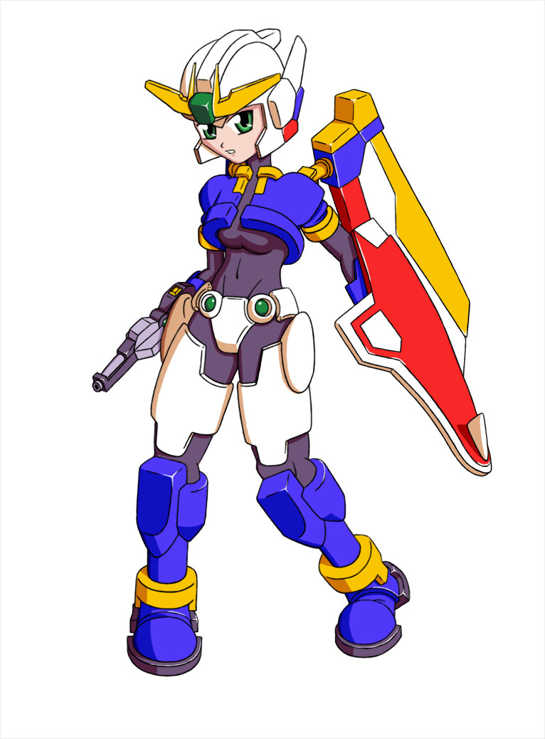 aile (mega man zx), gundam girl, wing gundam, capcom, gundam, gundam wing, mega man (series), mega man zx, 1990s (style), 1girl, beam rifle, crossover, energy gun, female focus, green eyes, gun, mecha musume, retro artstyle, shield, simple background, solo, spandex, vest, weapon