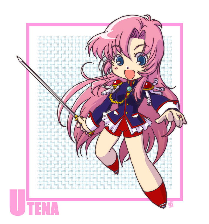 risatam, tenjou utena, shoujo kakumei utena, bad id, bad pixiv id, 1990s (style), 1girl, aiguillette, blue eyes, character name, chibi, epaulettes, female focus, purple hair, rapier, retro artstyle, solo, sword, weapon