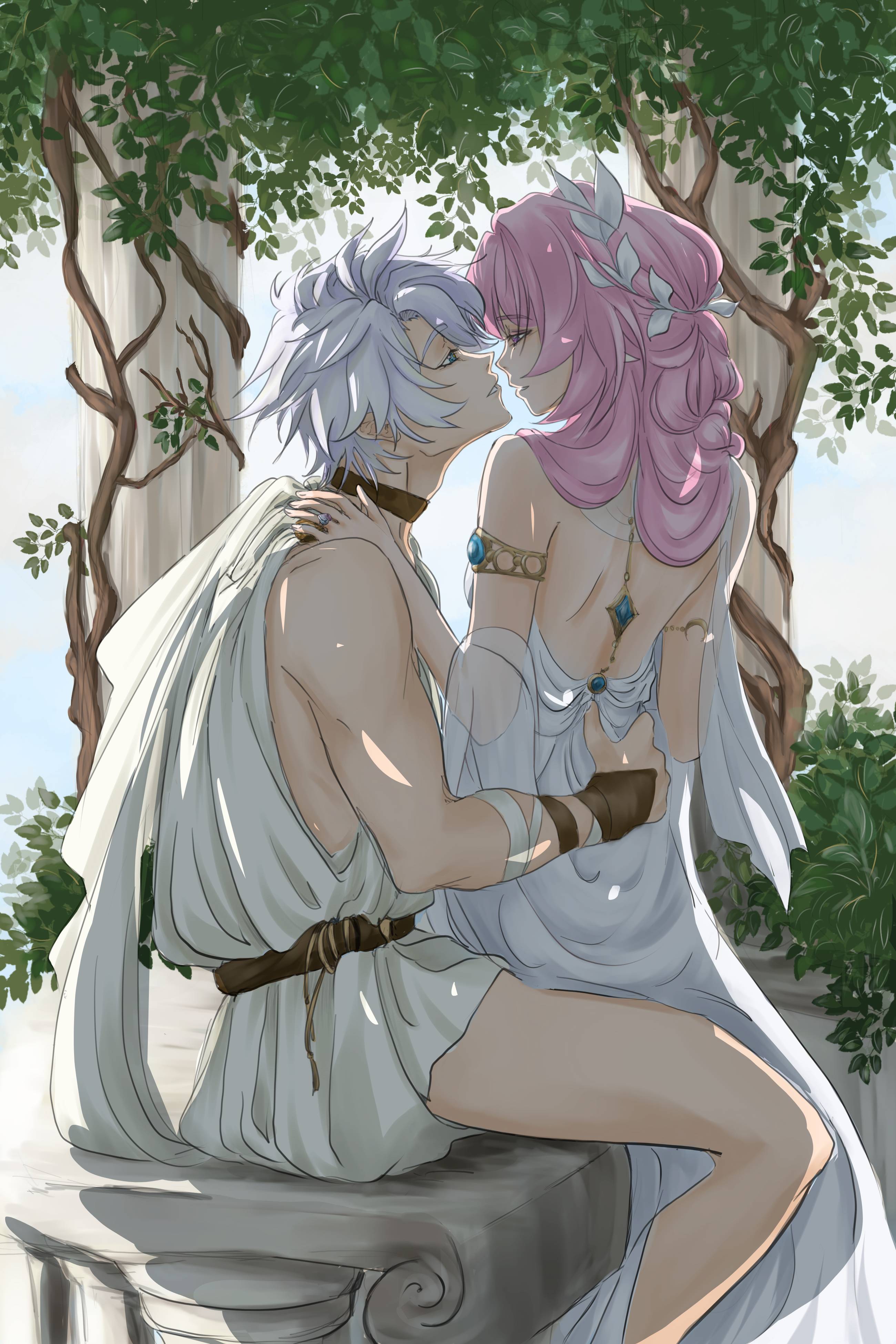cyrene (honkai: star rail), cyrene (ripples of past reverie) (honkai: star rail), phainon (honkai: star rail), honkai: star rail, honkai (series), absurdres, hashtag-only commentary, highres, 1girl, ancient greek clothes, back, backless dress, backless outfit, blue eyes, dress, greco-roman clothes, hand on another's shoulder, hetero, imminent kiss, laurel crown, long hair, pink hair, pointy ears, rebeezm, short hair, sitting, stone pillar, toga, tree, white dress