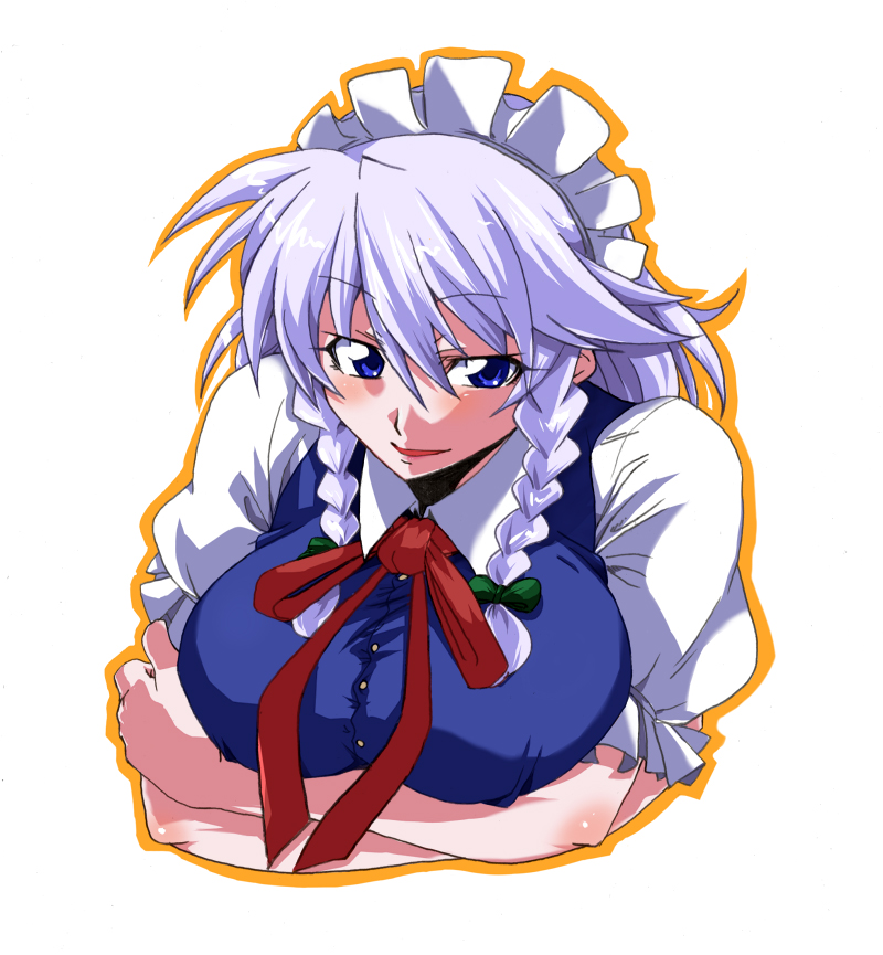 ooike teru, izayoi sakuya, touhou, breast hold, 1girl, blue eyes, braid, breasts, female focus, huge breasts, purple hair, simple background, solo, twin braids, upper body, white background