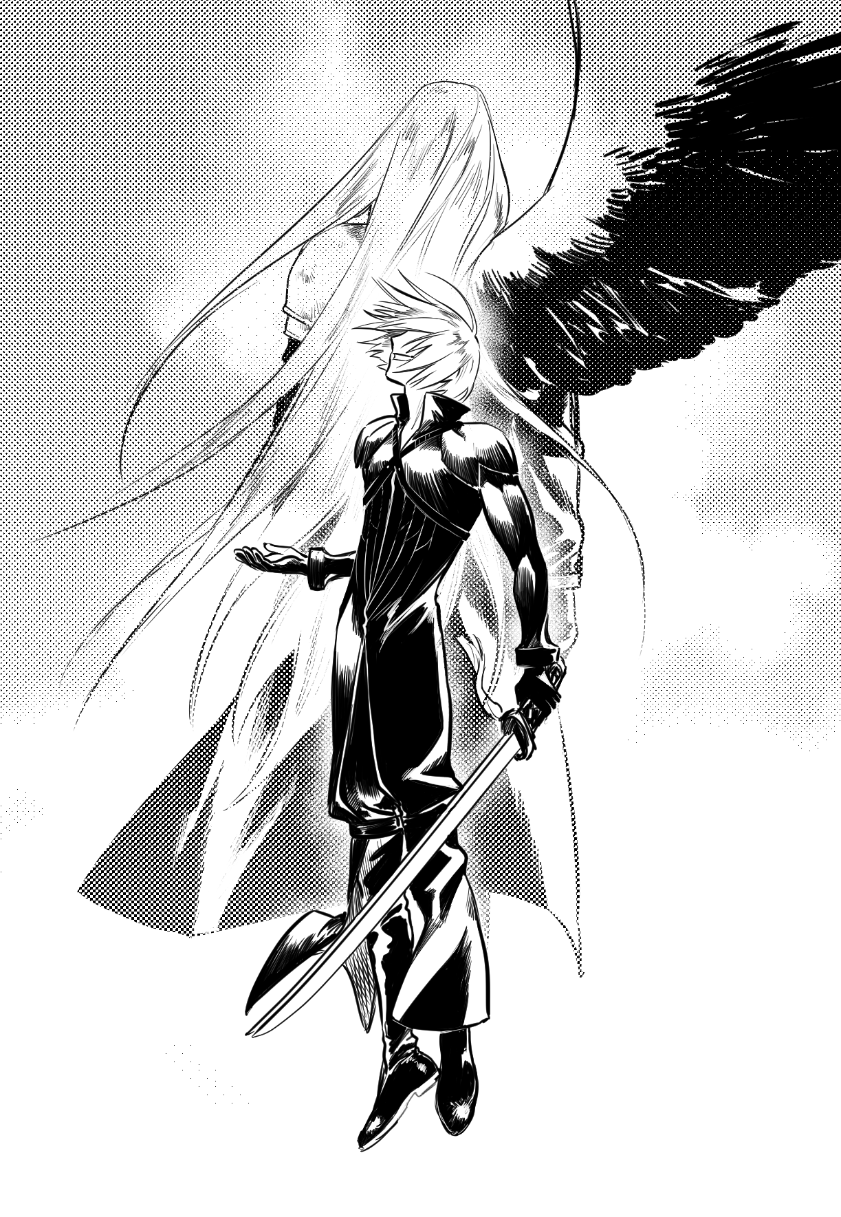 kadaj, sephiroth, final fantasy, final fantasy vii, final fantasy vii advent children, highres, 2boys, armor, black bodysuit, black boots, black coat, black gloves, black wings, bodysuit, boots, coat, facing away, feathered wings, floating, full body, gloves, greyscale, holding, holding sword, holding weapon, jyuu 13, long coat, long hair, male focus, monochrome, multiple boys, parted lips, pauldrons, screentones, short hair, shoulder armor, single wing, smile, sword, weapon, wings