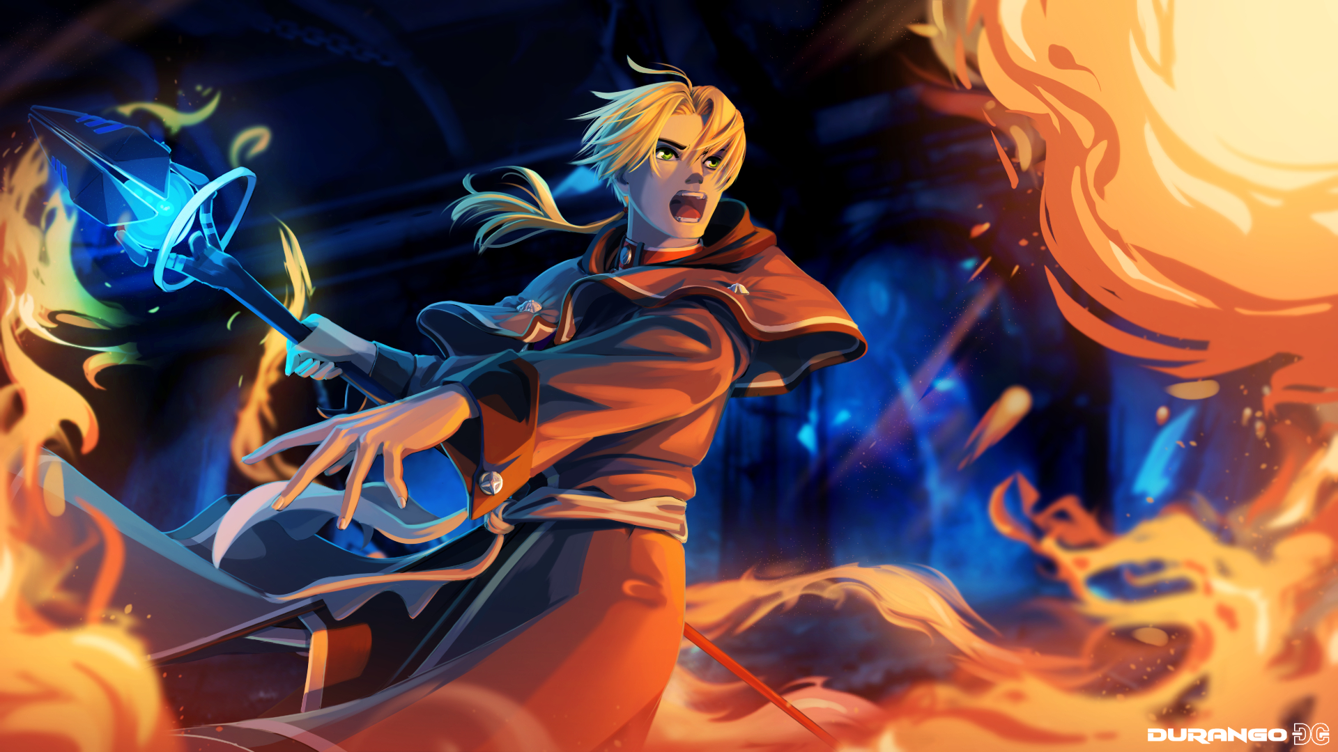 durango-dg, rudeus greyrat, mushoku tensei, highres, 1boy, ahoge, brown hair, casting spell, cloak, dungeon, fire, mage staff, male focus, open mouth, ponytail, screaming, solo, solo focus, staff