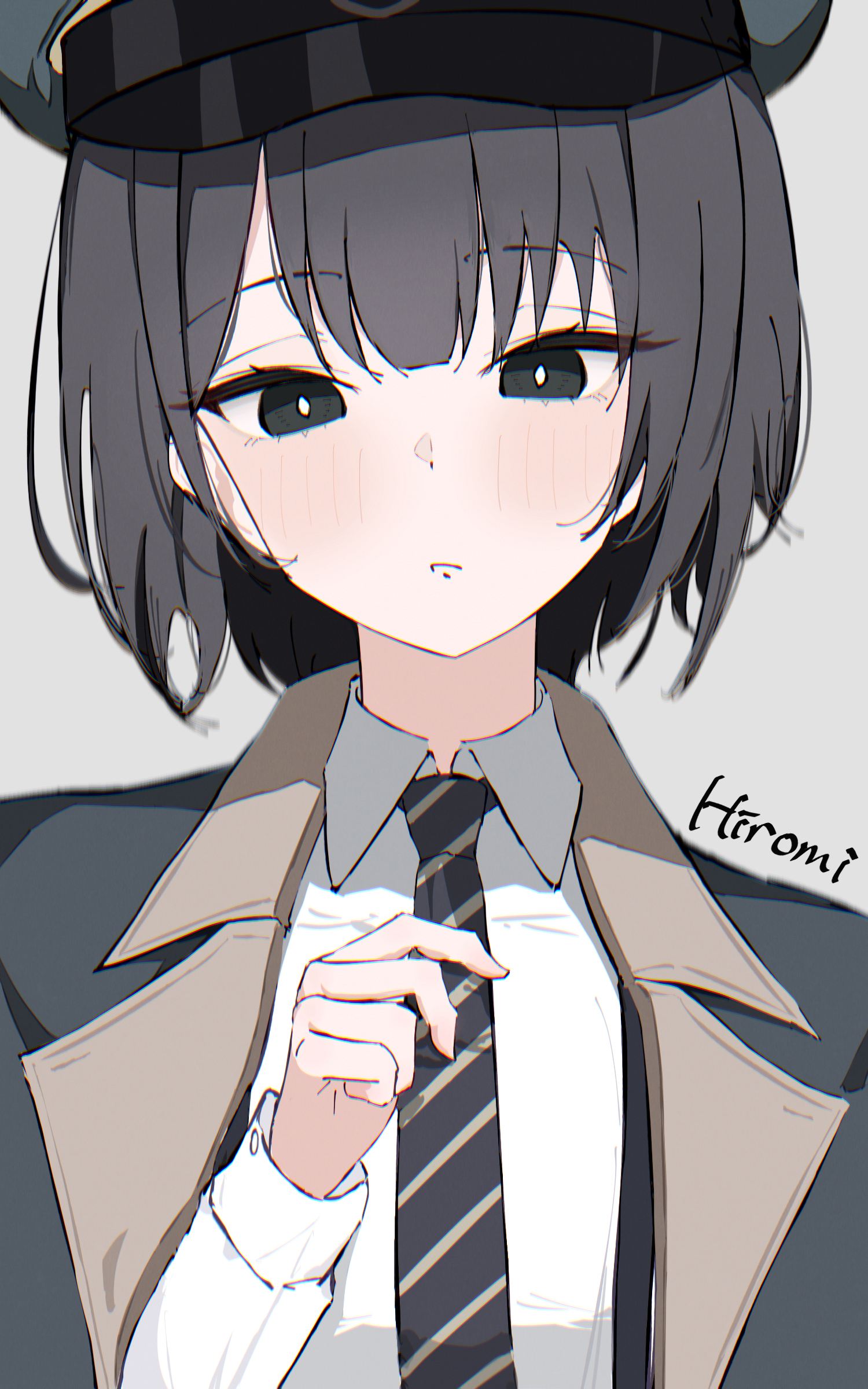 opuricheri, hiromi (blue archive), blue archive, absurdres, commentary request, highres, 1girl, adjusting clothes, adjusting necktie, black eyes, black hair, black necktie, blush, character name, closed mouth, coat, collared shirt, diagonal-striped clothes, diagonal-striped necktie, frown, grey background, grey coat, grey hat, hat, looking down, necktie, shirt, short hair, simple background, solo, striped clothes, white shirt