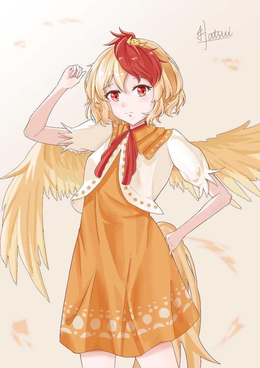 niwatari kutaka, touhou, 1girl, animal, animal on head, baby animal, bird, blonde hair, breasts, chick, chicken, dress, hatsui, multicolored hair, on head, orange dress, red eyes, shirt, white shirt, yellow tail, yellow wings
