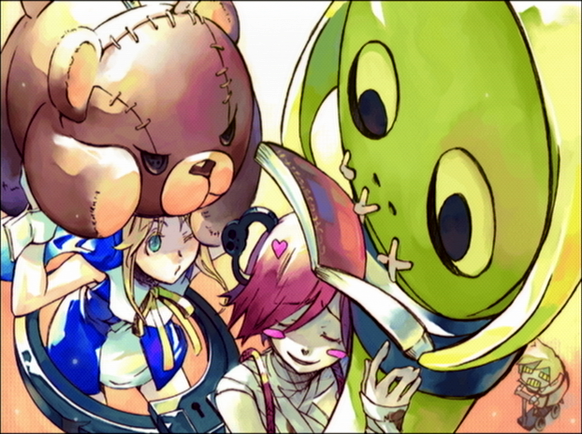 a.b.a, bridget (guilty gear), paracelsus (guilty gear), robo-ky, robo ky, roger (guilty gear), arc system works, guilty gear, guilty gear xx, homunculus, 1girl, 2boys, bandages, bear, blonde hair, blush, blush stickers, book, closed eyes, disembodied blush, green eyes, happy, heart, key, key in head, multiple boys, nun, object through head, one eye closed, red hair, robot, short hair, stuffed animal, stuffed toy, teddy bear, trap, wink