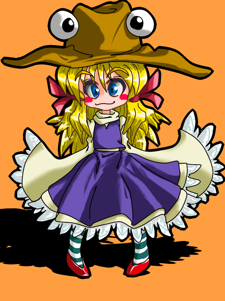 y.o, moriya suwako, touhou, 1girl, blonde hair, blue eyes, female focus, full body, hat, long hair, long sleeves, simple background, skirt, socks, solo, striped clothes, striped socks