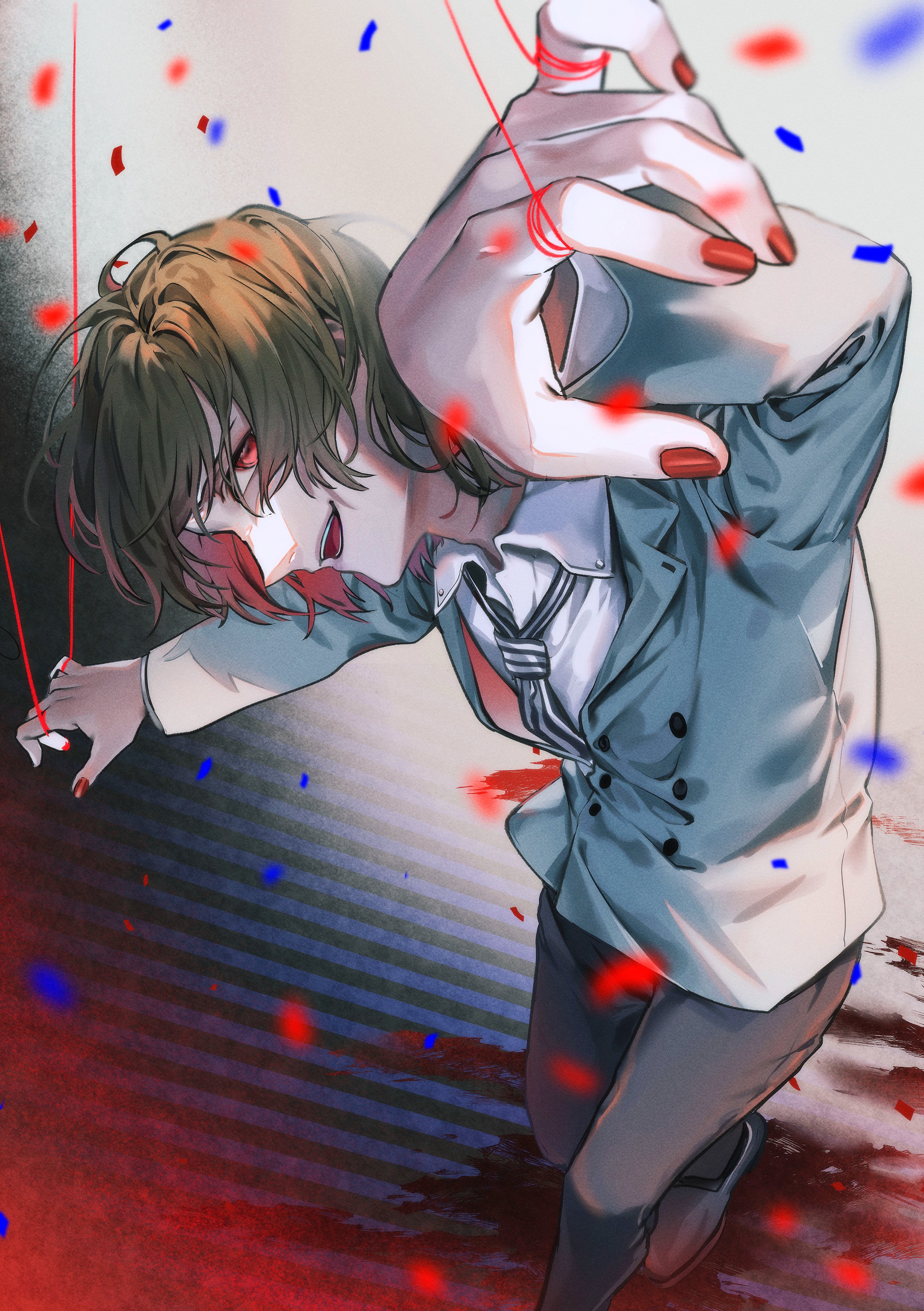 akechi gorou, persona, persona 5, absurdres, commentary request, highres, 1boy, akutsu ichika p, black necktie, black shoes, blood, blood on ground, blurry, blurry foreground, brown hair, brown pants, buttons, confetti, double-breasted, foot out of frame, grey jacket, jacket, long sleeves, looking at viewer, male focus, medium hair, necktie, open mouth, pants, puppet strings, red eyes, red nails, shirt, shoes, solo, striped clothes, vertical-striped clothes, vertical-striped necktie, white shirt