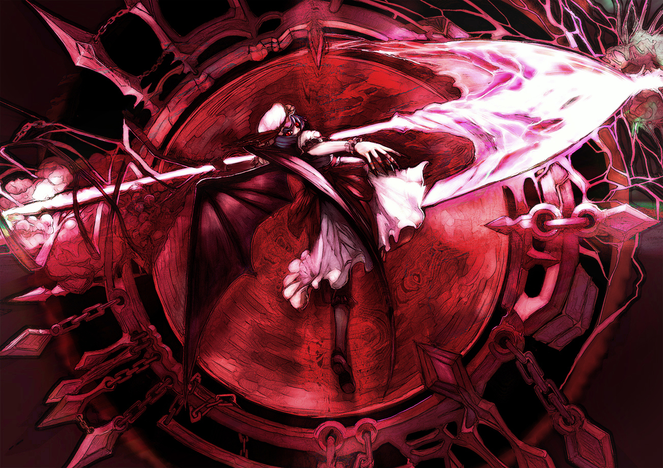arugeri, remilia scarlet, touhou, light purple hair, 1girl, bat wings, chain, female focus, fingernails, floating, full body, glowing, hat, kunai, long fingernails, looking back, nail (hardware), nail polish, polearm, red eyes, red theme, short hair, slit pupils, solo, spear, spear the gungnir, vampire, weapon, wings