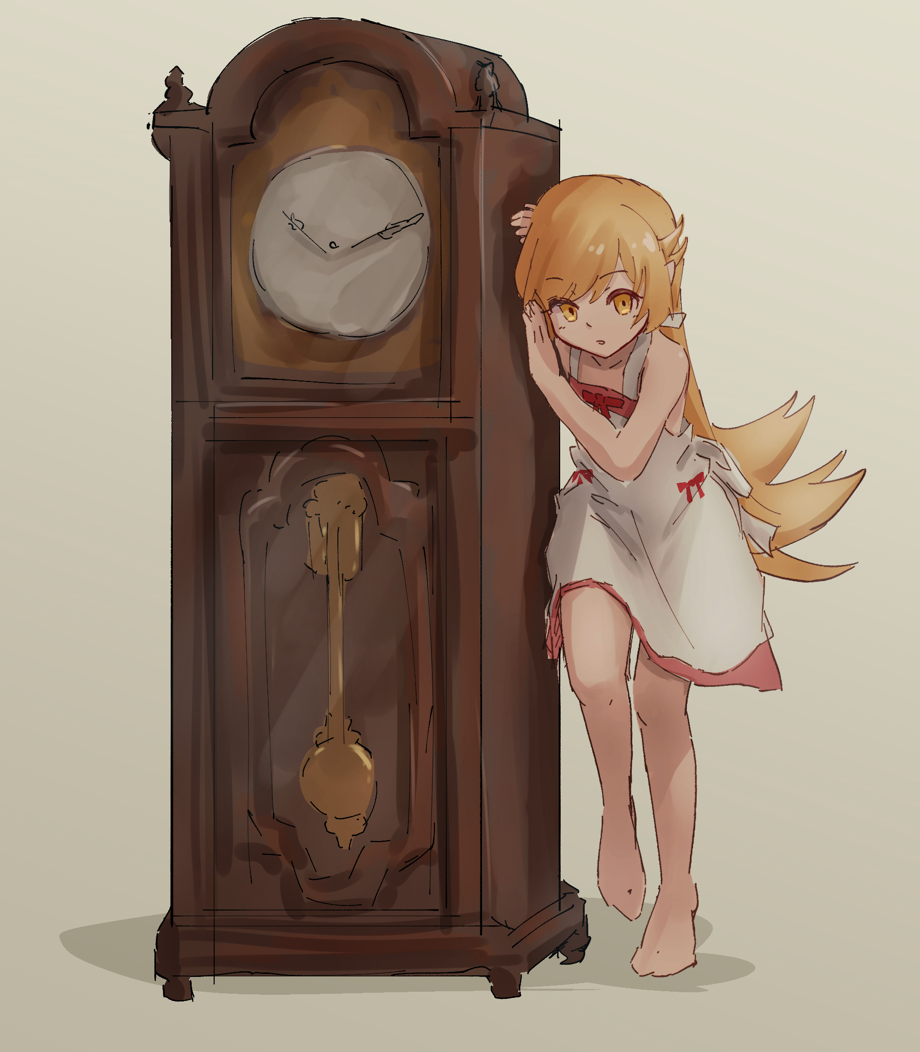 oshino shinobu, monogatari (series), highres, 1girl, :o, apron, back bow, bare arms, bare legs, barefoot, blonde hair, bow, bow apron, clock, dot nose, flat chest, flipped hair, foot up, full body, grandfather clock, grey background, hair between eyes, hair flaps, halterneck, leaning on object, long hair, looking at viewer, open mouth, oretekiya, red bow, red skirt, simple background, skirt, solo, swept bangs, very long hair, waist bow, white apron, yellow eyes