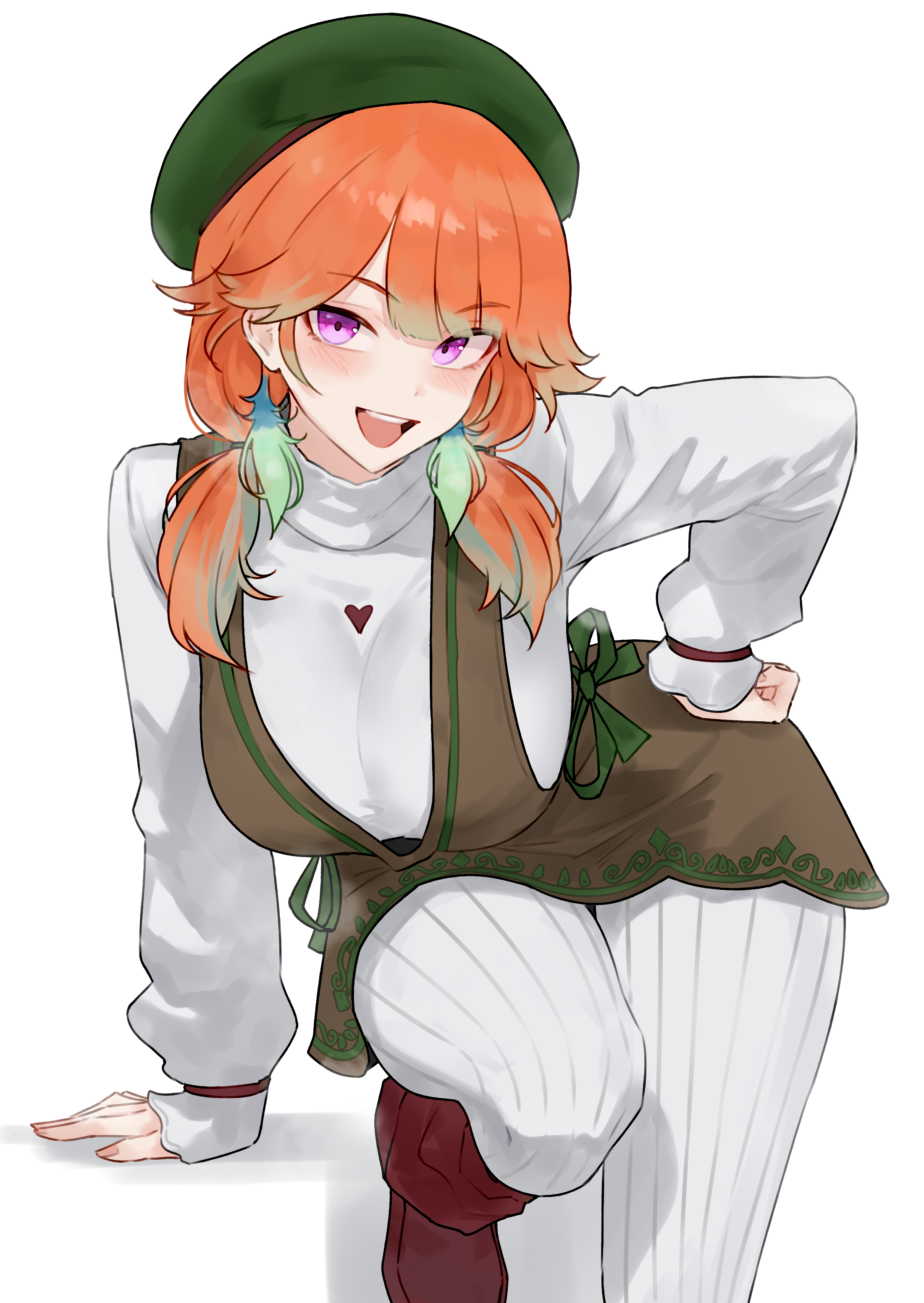 bluefield, takanashi kiara, takanashi kiara (winter casual), hololive, hololive english, absurdres, commentary, highres, 1girl, :d, beret, boots, breasts, brown dress, dress, earrings, feather earrings, feathers, gradient hair, green feathers, green hair, green hat, hair over shoulder, hand on own hip, hat, jewelry, large breasts, long hair, long sleeves, looking at viewer, low twintails, multicolored hair, official alternate costume, official alternate hairstyle, open mouth, orange hair, pantyhose, purple eyes, red boots, ribbed pantyhose, smile, solo, sweater, teeth, turtleneck, turtleneck sweater, twintails, upper teeth only, virtual youtuber, white pantyhose, white sweater